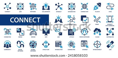 Connect flat icons set. Interaction, plug-in, cloud, join, cable, connected icons and more signs. Flat icon collection.