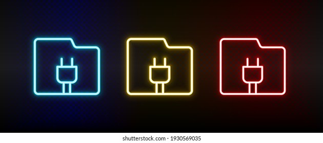 connect, folder, storage neon icon set. Set of red, blue, yellow neon vector icon