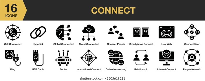 Conectar conjunto de iconos de glifo. Incluye Web de Enlace, en línea, enchufe, relación, enrutador, cable USB y más. Colección de Vector de iconos sólidos.