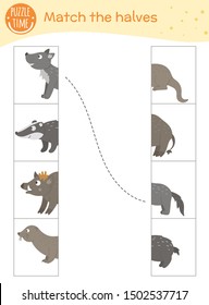 Connect the halves worksheet.  Matching game for preschool children with forest animals. Educational activity with cute funny characters.