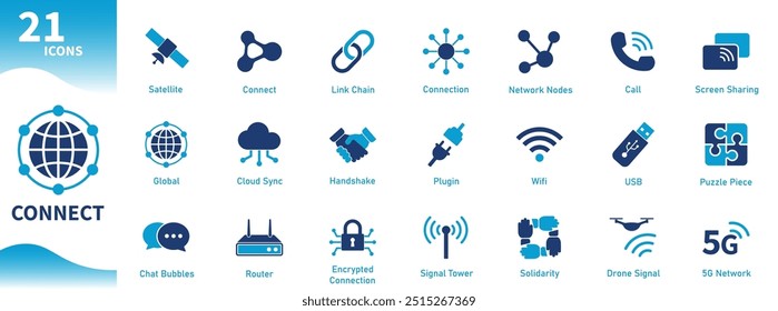 Connect icon. Collection of icons about connection, internet, data, digital, technology, holding hands, contact. Solid vector icons.