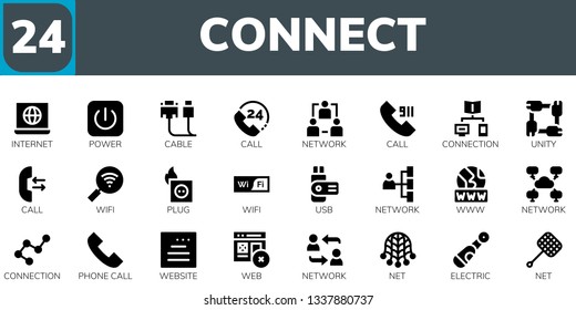 connect icon set. 24 filled connect icons.  Simple modern icons about  - Internet, Power, Cable, Call, Network, Connection, Unity, Wifi, Plug, Usb, Www, Phone call, Website, Web