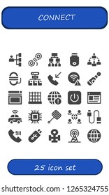  connect icon set. 25 filled connect icons. Simple modern icons about  - Network, Rope, Structure, Pendrive, Connected, Phone call, Wifi, Electric, Website, Net, Earth grid, Power