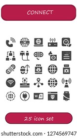  connect icon set. 25 filled connect icons. Simple modern icons about  - Phone call, Internet, Modem, Plug, Network, Cable, Rope, Website, Pendrive, Earth grid, Usb, Wifi, Connection