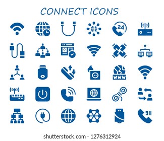  connect icon set. 30 filled connect icons. Simple modern icons about  - Wifi signal, Earth grid, Rope, Connect, Call, Modem, Usb, Connected, Web, Wifi, United, Network, Connection