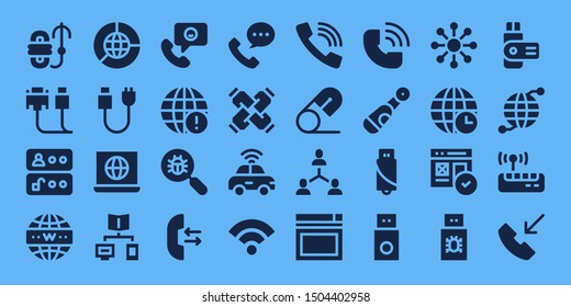 Connect Icon Set. 32 Filled Connect Icons. On Blue Background Style Collection Of - Rope, Cable, Access, Internet, Earth Grid, Plug, Connection, Phone Call, Virus Search, Call