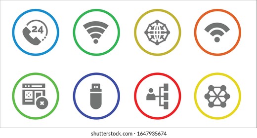 connect icon set. 8 filled connect icons. Included Call, Web, Wifi, Pendrive, Network, Wifi signal, Connect icons