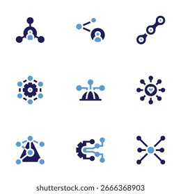 Conectar conjunto de ícones. Estilo negrito. Cores duotônicas. compartilhamento, cadeia, processo, comunidade, conexão, fluxo.