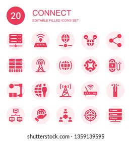 connect icon set. Collection of 20 filled connect icons included Server, Wifi, Internet, Network, Broadcast, Connect, Wire, Earth grid, Signal, Modem