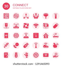 connect icon set. Collection of 30 filled connect icons included Domain, Earth grid, Network, Server, Cable, Signal, Unity, Wifi, Address, Hub, Call, Usb, Connection, Wire, Modem