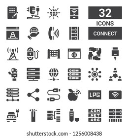 connect icon set. Collection of 32 filled connect icons included Server, Domain, Usb, Hosting, Wire, Electric, Wifi, Signaling, Wifi signal, Usb cable, Network, Database, Internet