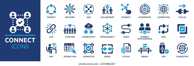 Connect icon set. Containing network, join, collaboration, connectivity, interaction, cable, integration and connection icons. Solid icon collection.