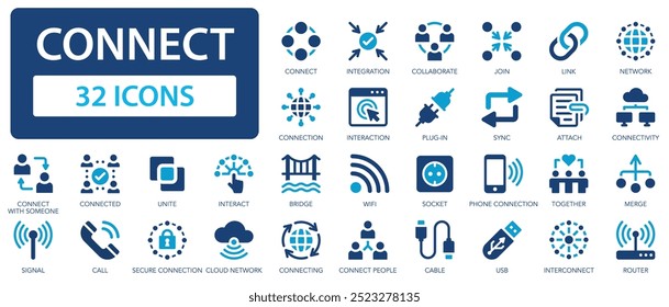 Connect icon set. Interaction, plug-in, cloud, join, cable, connected, network, collaboration, connectivity.