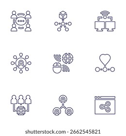 Conectar conjunto de ícones. Estilo da linha. Curso editável. comunicações, conexão, conexão, conexões.