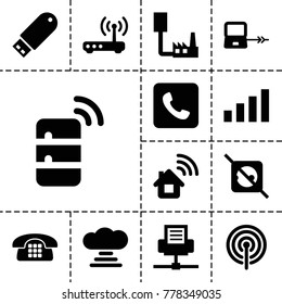 Connect icons. set of 13 editable filled connect icons such as laptop connection, home connection, no plug, flash drive, call, router, signal, server