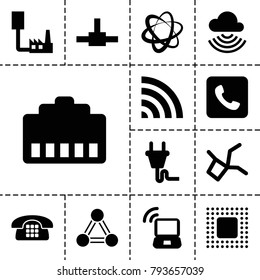 Connect icons. set of 13 editable filled connect icons such as wi-fi, network connection, phone cable, phone connection cable, call, chip, plug, laptop signal