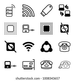 Connect icons. set of 16 editable filled and outline connect icons such as laptop connection, no plug, chip, wi-fi, connection, desk phone, flash drive, phone connection cable