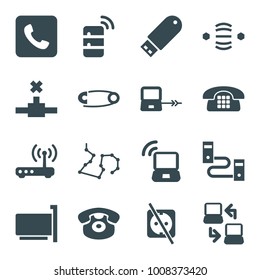 Connect icons. set of 16 editable filled connect icons such as laptop connection, desk phone, flash drive, phone connection cable, cable, call, router, laptop signal, server