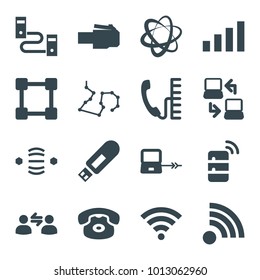 Connect icons. set of 16 editable filled connect icons such as laptop connection, desk phone, network connection, phone cable, cable, wi-fi, user communication, server, phone