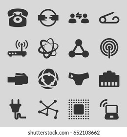 Connect icons set. set of 16 connect filled icons such as pin, children panties, connection, desk phone, chip, plug, router, user communicatrion, laptop signal, signal
