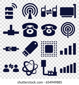 Connect icons set. set of 16 connect filled icons such as desk phone, connected phone, flash drive, chip, signal, user communicatrion, server, network connection