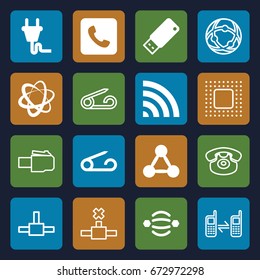 Connect icons set. set of 16 connect filled and outline icons such as pin, wi-fi, call, usb drive, plug, atom interaction, desk phone, connected phone, chip