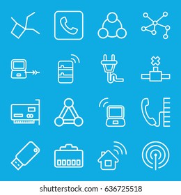 Connect icons set. set of 16 connect outline icons such as laptop connection, connection, call, usb drive, plug, laptop signal, signal, server, phone