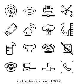 Connect icons set. set of 16 connect outline icons such as laptop connection, children panties, desk phone, connection, call, usb drive, signal, server, phone, no plug