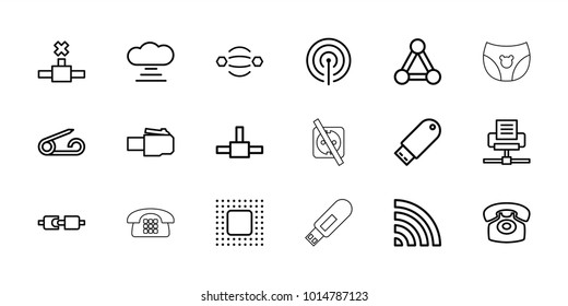 Connect icons. set of 18 editable outline connect icons: connection, pin, cloud connection, atom interaction, wi-fi, flash drive, phone cable, plug in power socket, desk phone