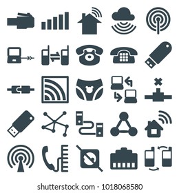 Connect icons. set of 25 editable filled connect icons such as laptop connection, home connection, no plug, desk phone, connected phone, flash drive, plug in power socket