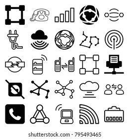 Connect icons. set of 25 editable filled and outline connect icons such as no plug, connection, network connection, call, atom interaction, wi-fi, connected phone, cable, plug