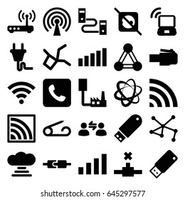 Connect icons set. set of 25 connect filled icons such as connection, pin, wi-fi, flash drive, call, usb drive, plug, router, signal, user communicatrion, laptop signal