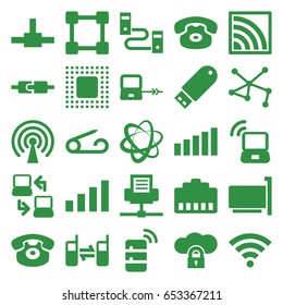 Connect icons set. set of 25 connect filled icons such as laptop connection, pin, connection, desk phone, connected phone, flash drive, wi-fi, chip, signal, laptop signal