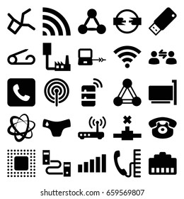 Connect icons set. set of 25 connect filled icons such as connection, laptop connection, pin, children panties, wi-fi, desk phone, call, usb drive, chip, router, signal