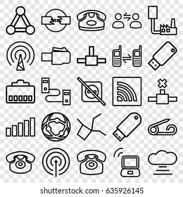 Connect icons set. set of 25 connect outline icons such as connection, pin, desk phone, connected phone, flash drive, wi-fi, usb drive, signal, user communicatrion