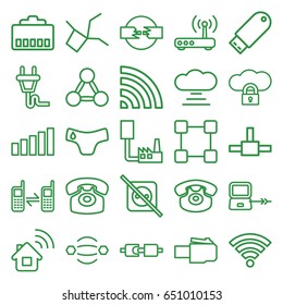Connect icons set. set of 25 connect outline icons such as laptop connection, children panties, wi-fi, desk phone, connected phone, flash drive, plug, router, signal