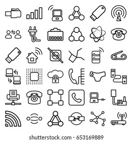 Connect icons set. set of 36 connect outline icons such as laptop connection, connection, pin, children panties, wi-fi, desk phone, flash drive, call, usb drive, chip, plug