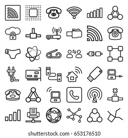 Connect icons set. set of 36 connect outline icons such as laptop connection, connection, pin, children panties, desk phone, wi-fi, call, usb drive, chip, plug, router, signal