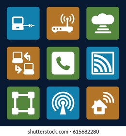 Connect icons set. set of 9 connect filled icons such as laptop connection, call, wi-fi, router, signal