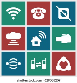 Connect icons set. set of 9 connect filled icons such as desk phone, connected phone, wi-fi, connection, home connection, no plug, cloud connection, atom interaction