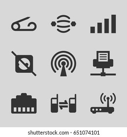 Connect icons set. set of 9 connect filled icons such as pin, connected phone, router, signal, no plug, atom interaction, phone cable