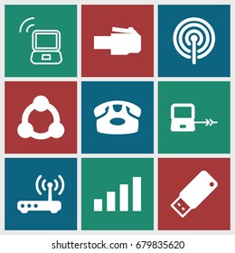 Connect icons set. set of 9 connect filled and outline icons such as laptop connection, desk phone, usb drive, router, connection, signal, laptop signal