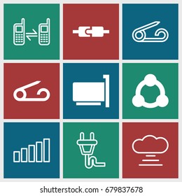 Connect icons set. set of 9 connect filled and outline icons such as pin, connection, connected phone, plug, signal, cloud connection, phone connection cable