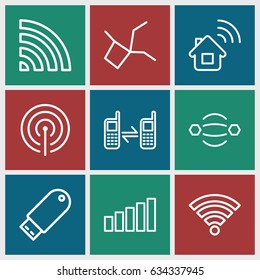 Connect icons set. set of 9 connect outline icons such as wi-fi, connected phone, flash drive, signal, home connection, atom interaction