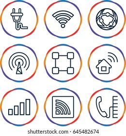 Connect icons set. set of 9 connect outline icons such as wi-fi, plug, signal, phone, home connection