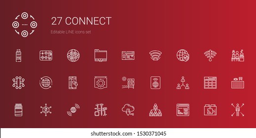 connect icons set. Collection of connect with website, networking, server, components, earth grid, sticks, network, wifi, signal, data transfer. Editable and scalable connect icons.