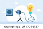 Connect idea. Bulb light, cord electrical plug connected to power socket. Creative thinking to success. business and finance concept. Yellow thought lamp. Plug in to wall socket. Vector illustration