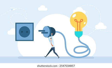 Conectar idea. Bombilla de luz, enchufe eléctrico del cable conectado a la toma de corriente. Pensamiento creativo para el éxito. concepto de negocios y finanzas. Lámpara de pensamiento amarilla. Enchufe a la toma de corriente. Ilustración vectorial