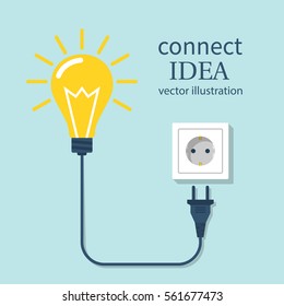 Connect Idea. Bulb Light, Cord Electrical Plug Connected To Power Socket. Plug In To Wall Socket. Vector Illustration Flat Design. Isolated On Background.