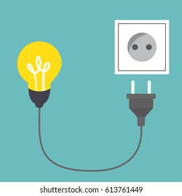 Connect idea. Bulb light, cord electrical plug connected to power socket.